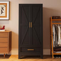 Washsemba 71'' Farmhouse Metal Wardrobe Cabinet with Hanging Rod, 2 Barn Door Wardrobe Closet with Adjustable Shelves,Drawer,for Dining Room,Bedroom,Living Room, Cloak Room,Office (Black)