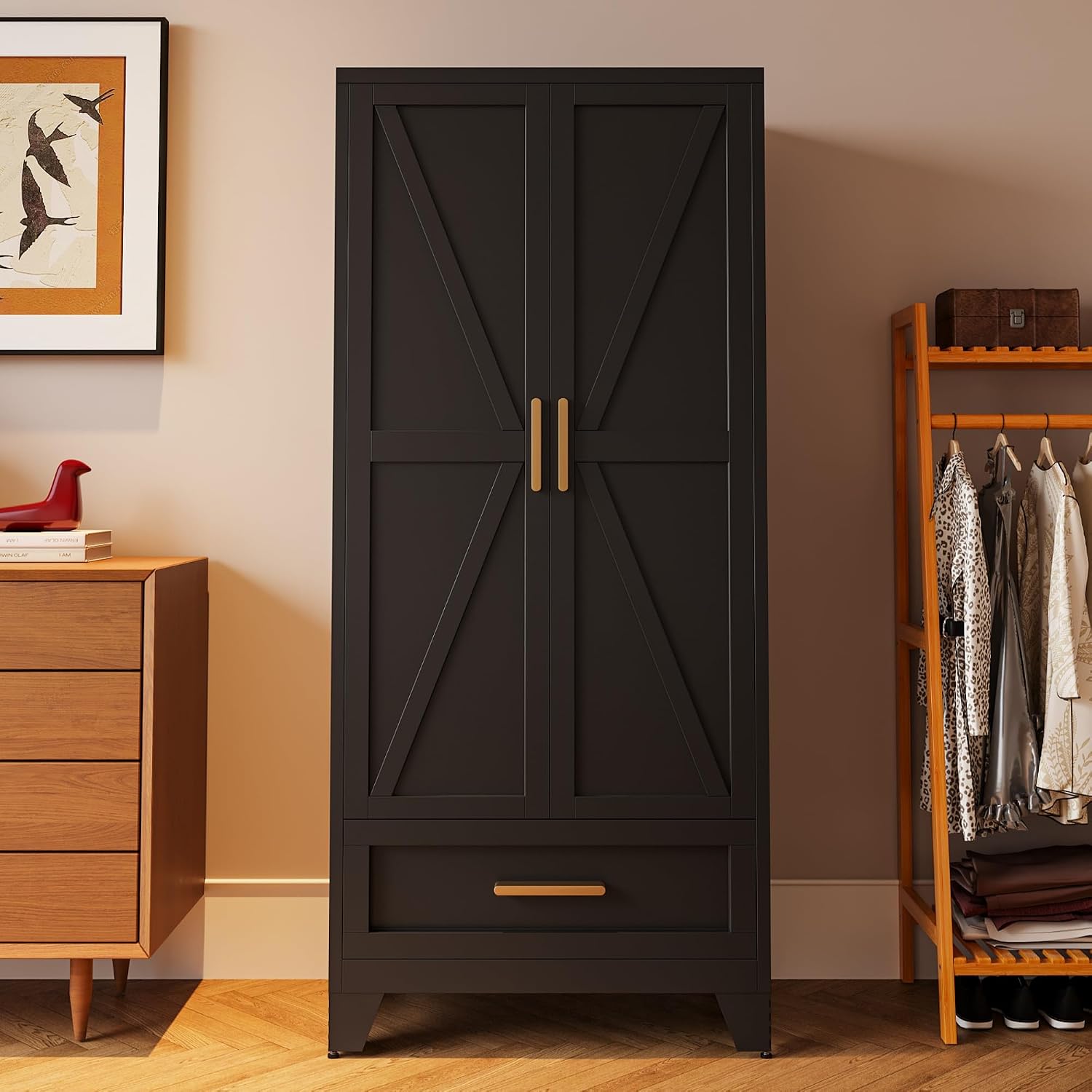Washsemba 71'' Farmhouse Metal Wardrobe Cabinet with Hanging Rod, 2 Barn Door Wardrobe Closet with Adjustable Shelves,Drawer,for Dining Room,Bedroom,Living Room, Cloak Room,Office (Black)