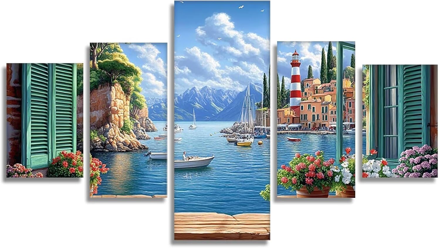 Landscape Diamond Art 5 Piece Diamond Painting Lighthouse 5D DIY Full Square Drill Dimond Art Paintings Crystal Rhinestones Crafts for Adults Gem Painting for Home Decor, 48 x 100 Inch, Model126