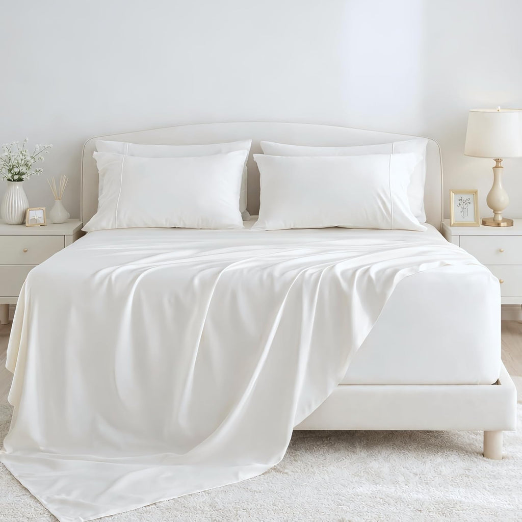 GOKOTTA Bed Sheets 6 Piece Set, 100% Rayon Derived from Bamboo, Extra Deep Pocket Fitted Sheet with Elastic Corner Straps, Soft Luxury Hypoallergenic (White, Queen)