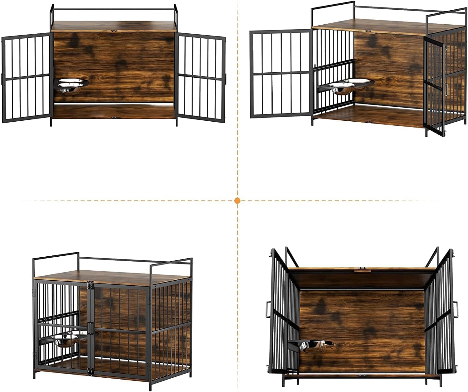 ROOMTEC Furniture Style Large Dog Crate with 360° & Adjustable Raised Feeder for Dogs 2 Stainless Steel Bowls -End Table House Pad, Indoor Use,41' L X 24' W 36' H, Classic Brown