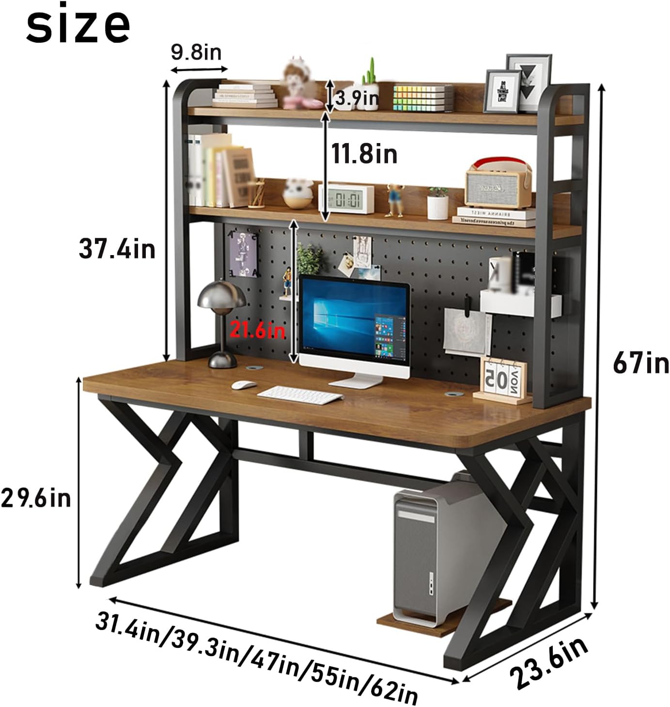 Gaming Desk with Bookshelf Combo, Computer Desk with Pegboard, Large Writing Table with Desktop Shelves, Ample Leg Room, for Home Office (White, 31.4in)
