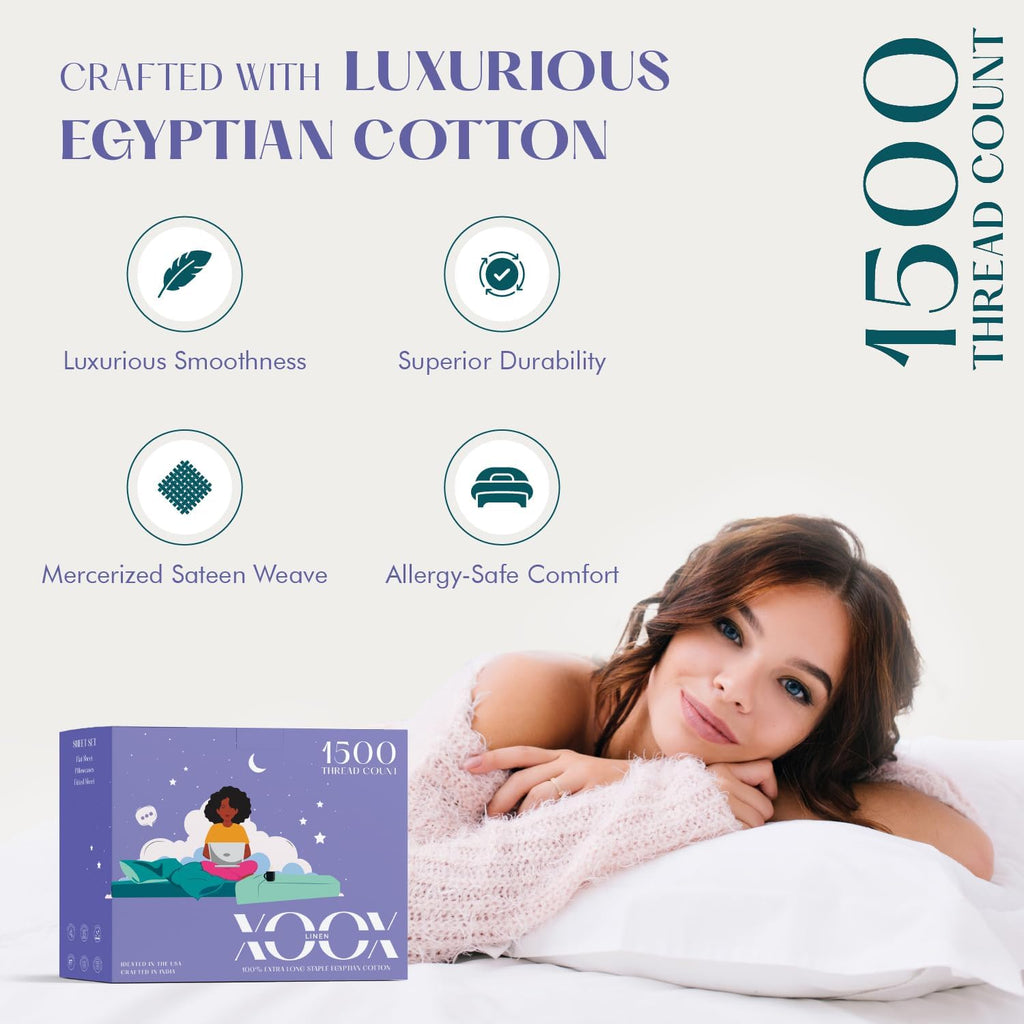 XOOX Linen 100% Egyptian Cotton Sheets California King Size Bed Set - 4 PC 1500 Luxury High Thread Count White Cal King Bed Sheets, Silky Soft, Cooling, Sateen, 17' Deep Pocket Bedsheet Set