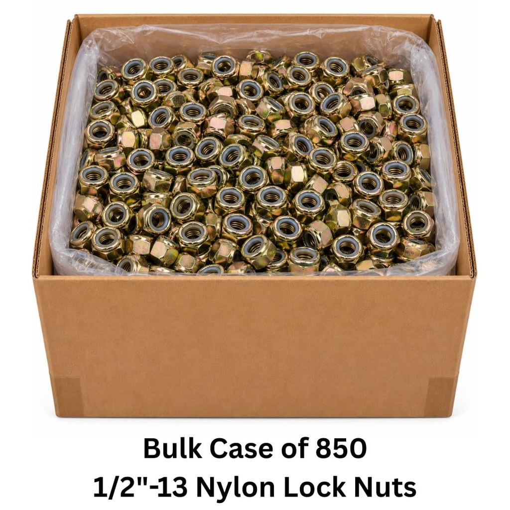 1/2-13 Nylon Lock Nuts (850 Case) – Grade 8 Vibration-Resistant Locking Nuts Coarse Thread for Trailers, Racks & General Mounting – Heavy-Duty Fasteners SAE J995 0.5'