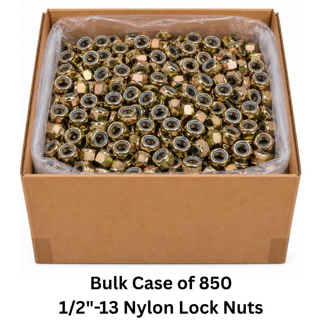 1/2-13 Nylon Lock Nuts (850 Case) – Grade 8 Vibration-Resistant Locking Nuts Coarse Thread for Trailers, Racks & General Mounting – Heavy-Duty Fasteners SAE J995 0.5'