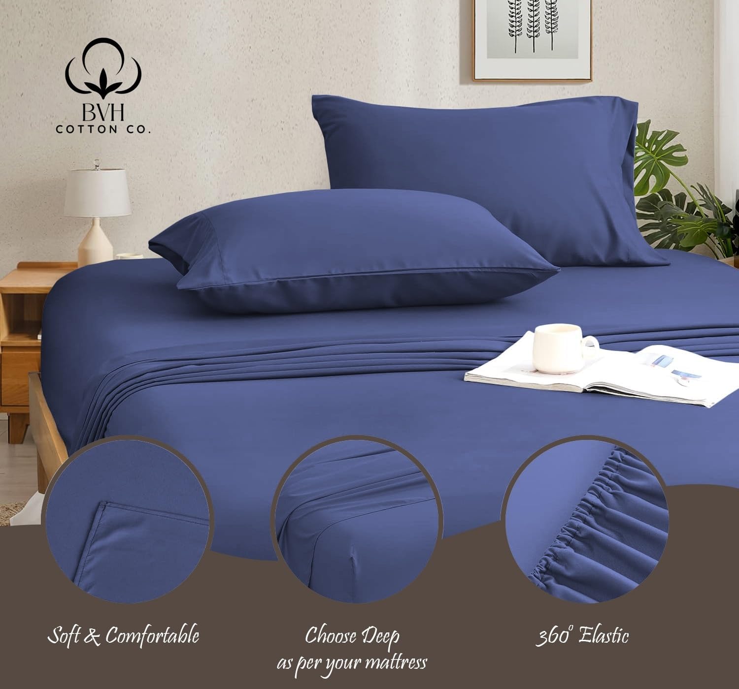 Egyptian Cotton Queen Size Sheet Set, 4Pc Bed Set, Soft & Breathable Percale Weave, Fits 10-12' Deep Pocket, Hotel-Quality 1000 Series Bed Sheets (Solid, Medium Blue)