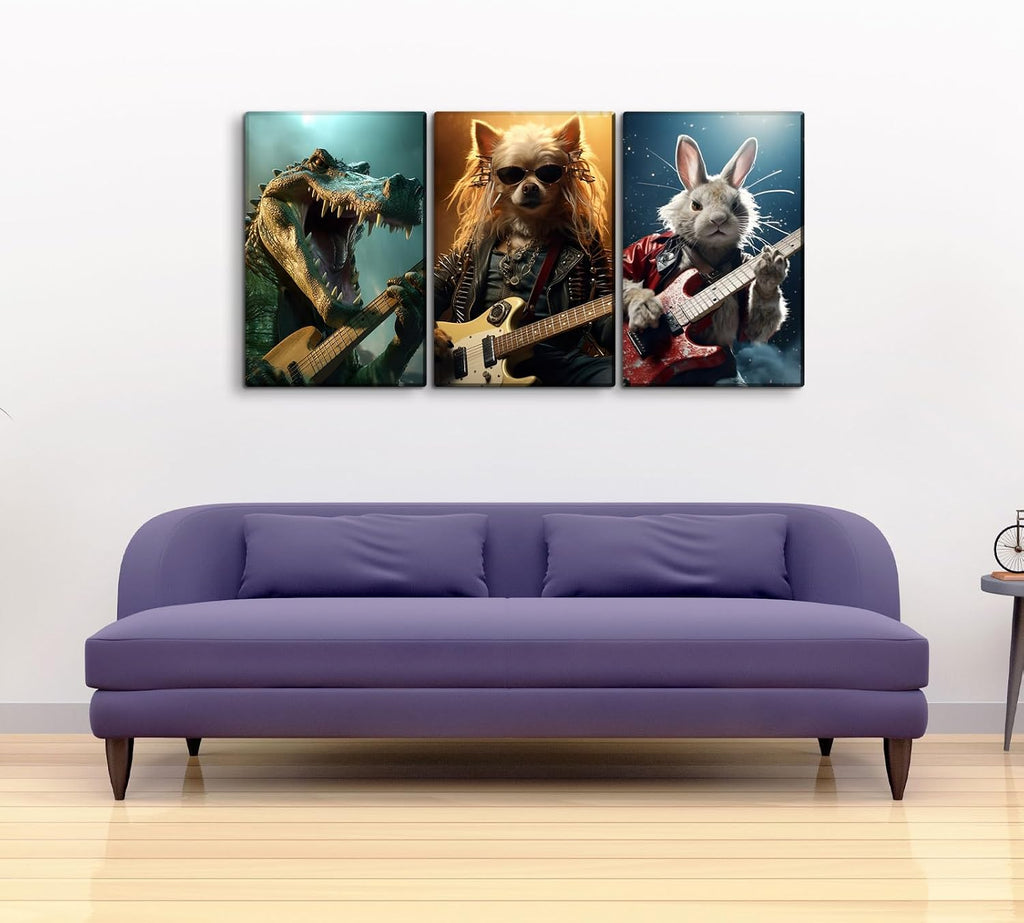 YONICA 3 Panel Animal Band Canvas Wall Art for Home Music Decor - Funny Animals Playing Musical Instruments Modern Cool Wall Picture Print On Canvas HD Giclee Artwork Ready to Hang - 24'x32'x3 Panels