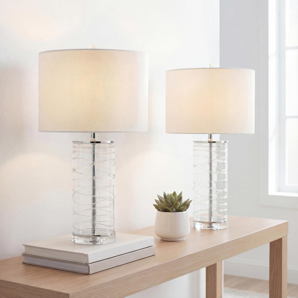JONATHAN Y 27.5' Clear Modern Fused Glass Table Lamp Set of 2 for Bedroom Living Room, Coastal Nightstand Bedside Lamp with White Linen Shade, LED Bulbs Included (JYL4016B-SET2)