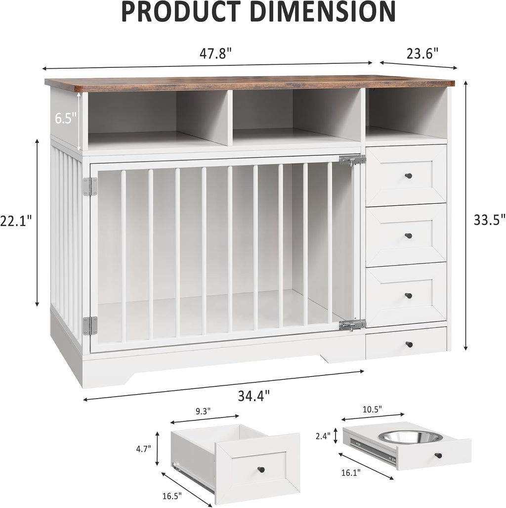 GarveeLife 48'' Dog Crate Furniture, Farmhouse Heavy Duty Dog Kennel with Bowl & Storage Drawers, Medium Dog Cage End Table for Small Medium Dogs, White