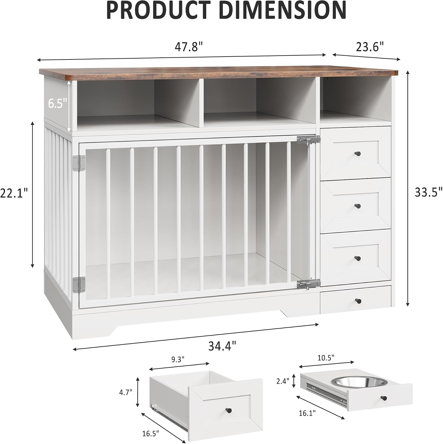 GarveeLife 48'' Dog Crate Furniture, Farmhouse Heavy Duty Dog Kennel with Bowl & Storage Drawers, Medium Dog Cage End Table for Small Medium Dogs, White