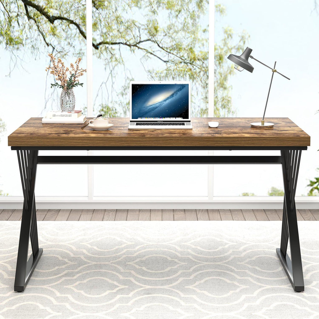 FOLUBAN Home Office Desk, Modern Wood and Metal Computer Desk, Simple Writing Work PC Desks for Bedroom, Industrial Study Gaming Table for Living Room, Rustic Brown, 53 Inch