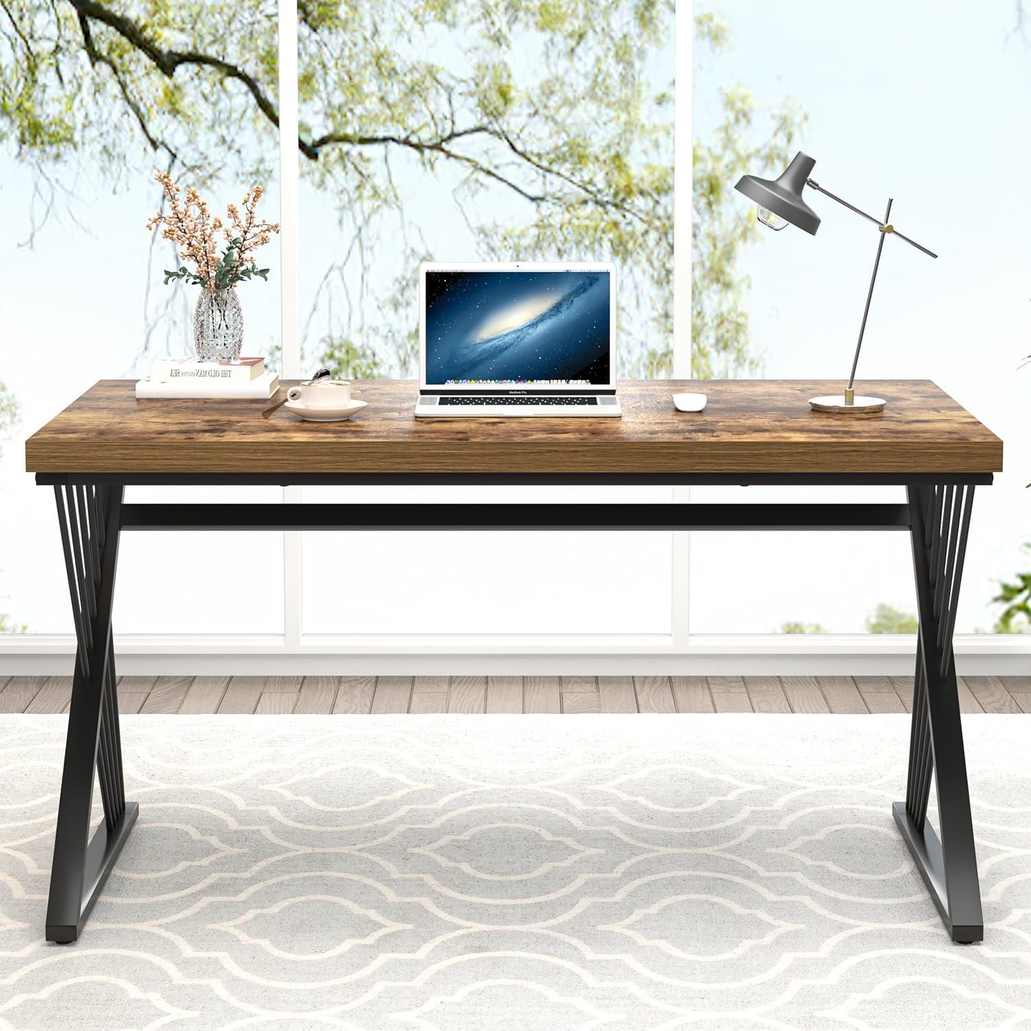 FOLUBAN Home Office Desk, Modern Wood and Metal Computer Desk, Simple Writing Work PC Desks for Bedroom, Industrial Study Gaming Table for Living Room, Rustic Brown, 53 Inch