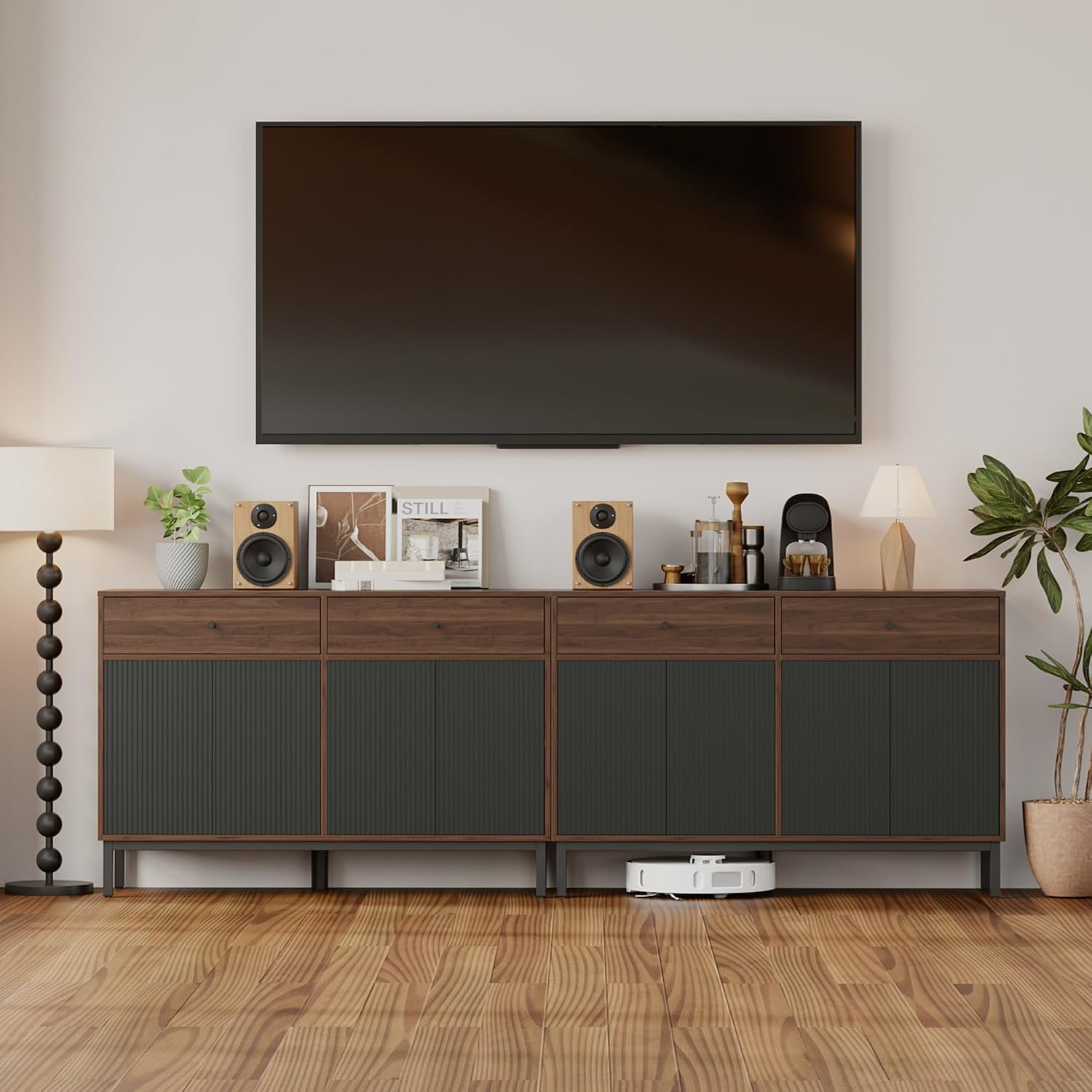 Mericonia Farmhouse Buffet Sideboard Cabinet with Storage, Fluted Coffee Bar with Doors and Adjustable Shelves, Modern Wood Console Cabinet with Drawers (4 Door, Walnut&Black 2 Drawer)