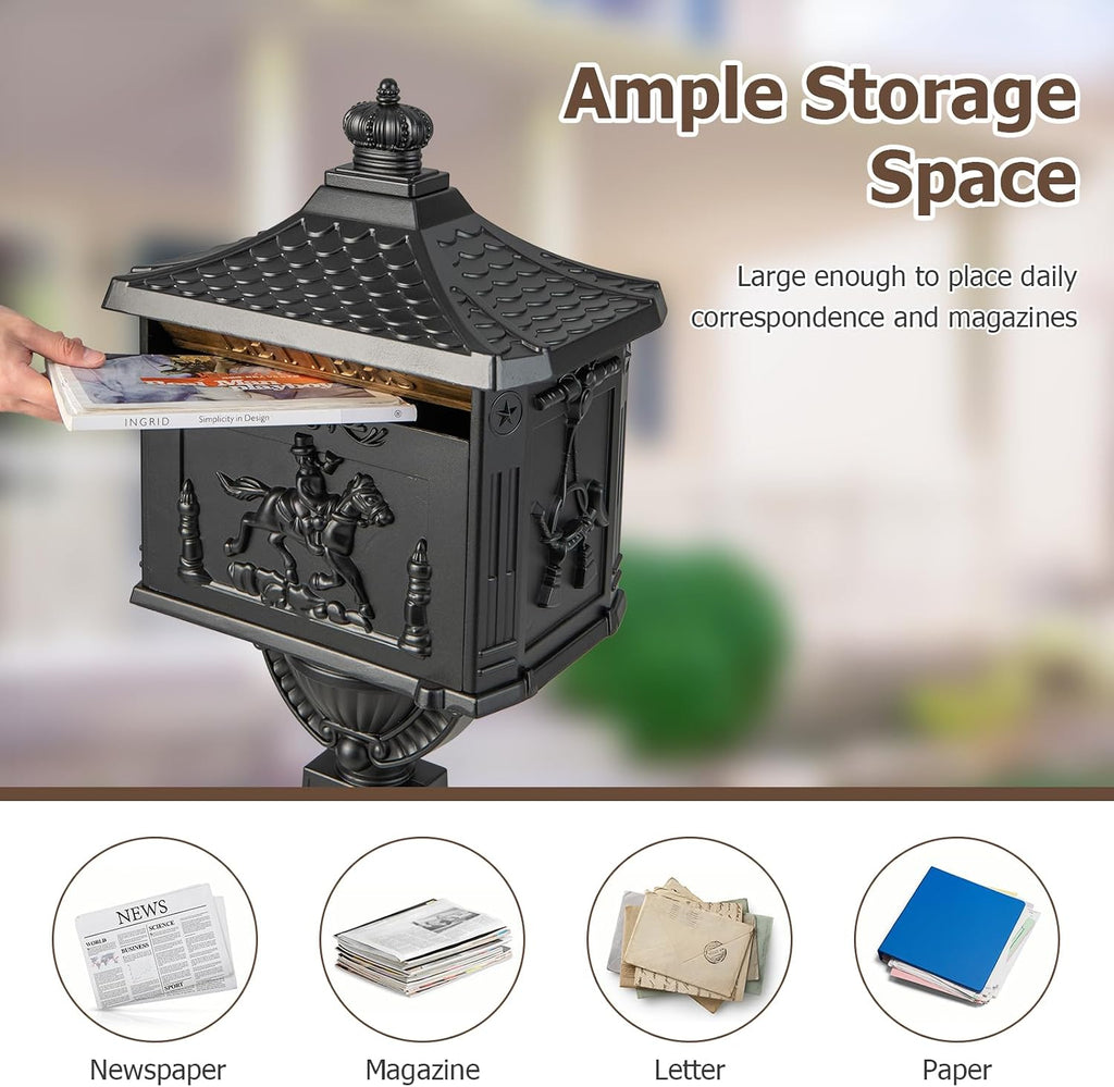 Goplus Mailbox Cast Aluminum with Post, Heavy Duty Locking Security Mail Box for House Outside, Vintage Postal Box with Keys & Baffle Door, Large, Freestanding, Post Mount