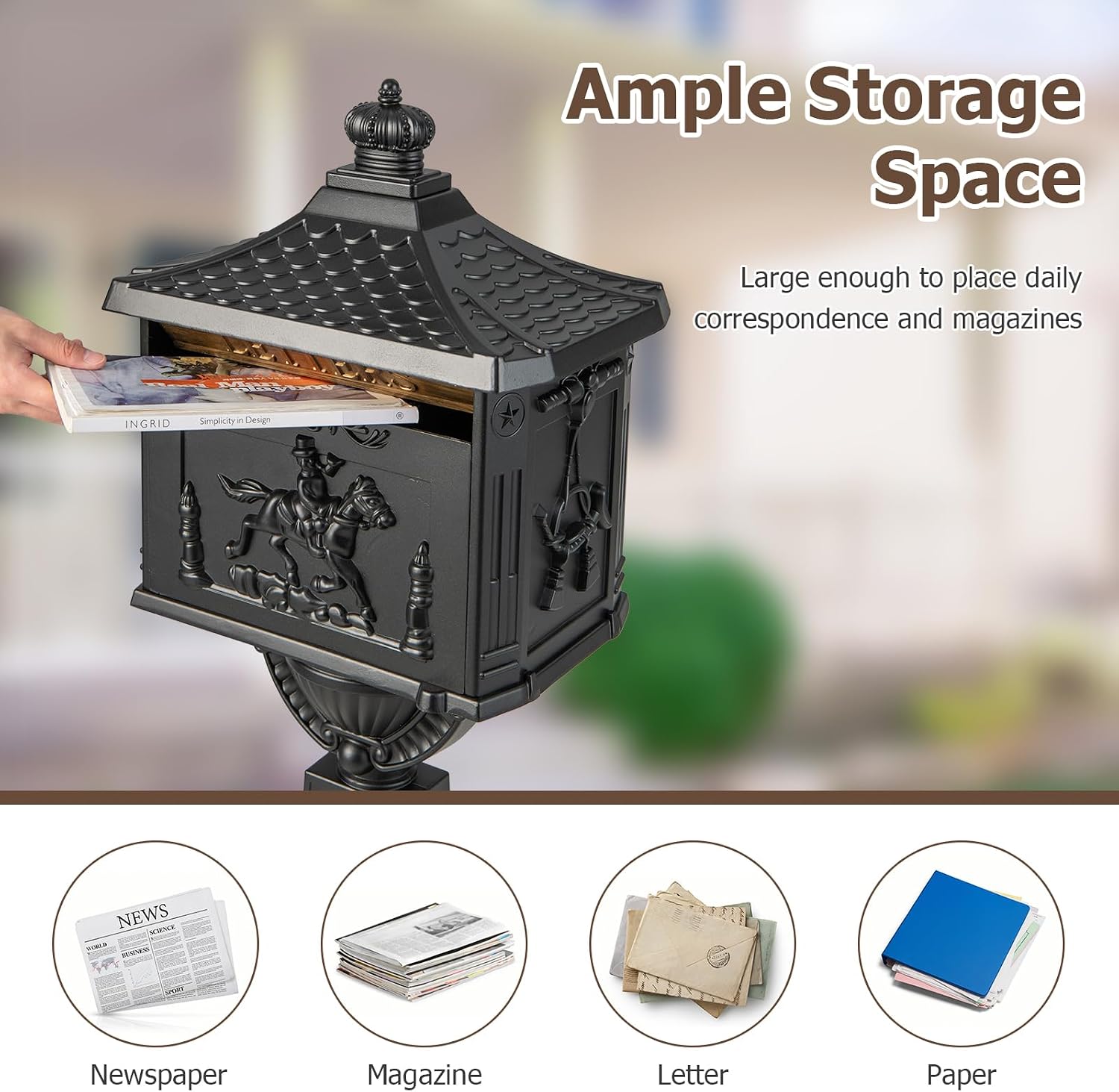 Goplus Mailbox Cast Aluminum with Post, Heavy Duty Locking Security Mail Box for House Outside, Vintage Postal Box with Keys & Baffle Door, Large, Freestanding, Post Mount