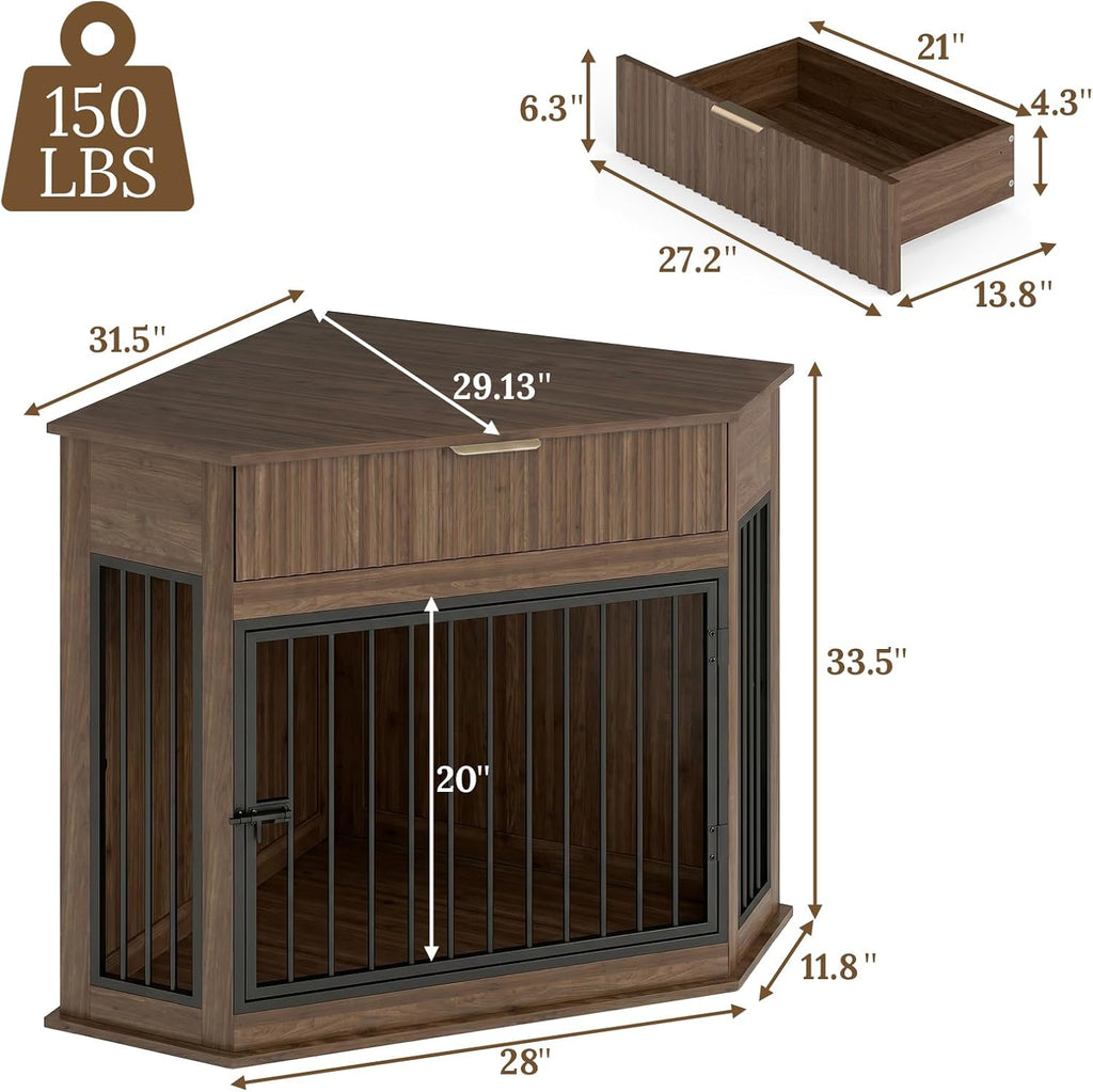 Yafylly Corner Dog Crate Furniture, 44.6' Furniture Style Corner Dog Crate with Fluted Drawer, Wooden Dog Kennel End Table for Small Medium Dogs, Dog Cage TV Stand, Brown