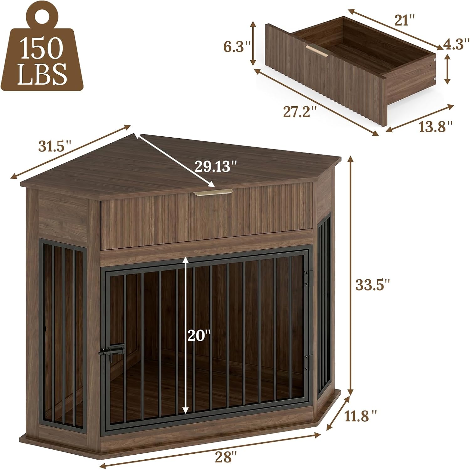 Yafylly Corner Dog Crate Furniture, 44.6' Furniture Style Corner Dog Crate with Fluted Drawer, Wooden Dog Kennel End Table for Small Medium Dogs, Dog Cage TV Stand, Brown