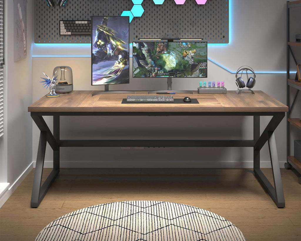 HSH Large Home Office Desk, Modern Wood Metal Computer Desk for Two Person, Extra Long Executive Writing Study Gaming Double Desk Workstation, 70 Inch Rustic Bedroom Living Room Table for 2 Monitors