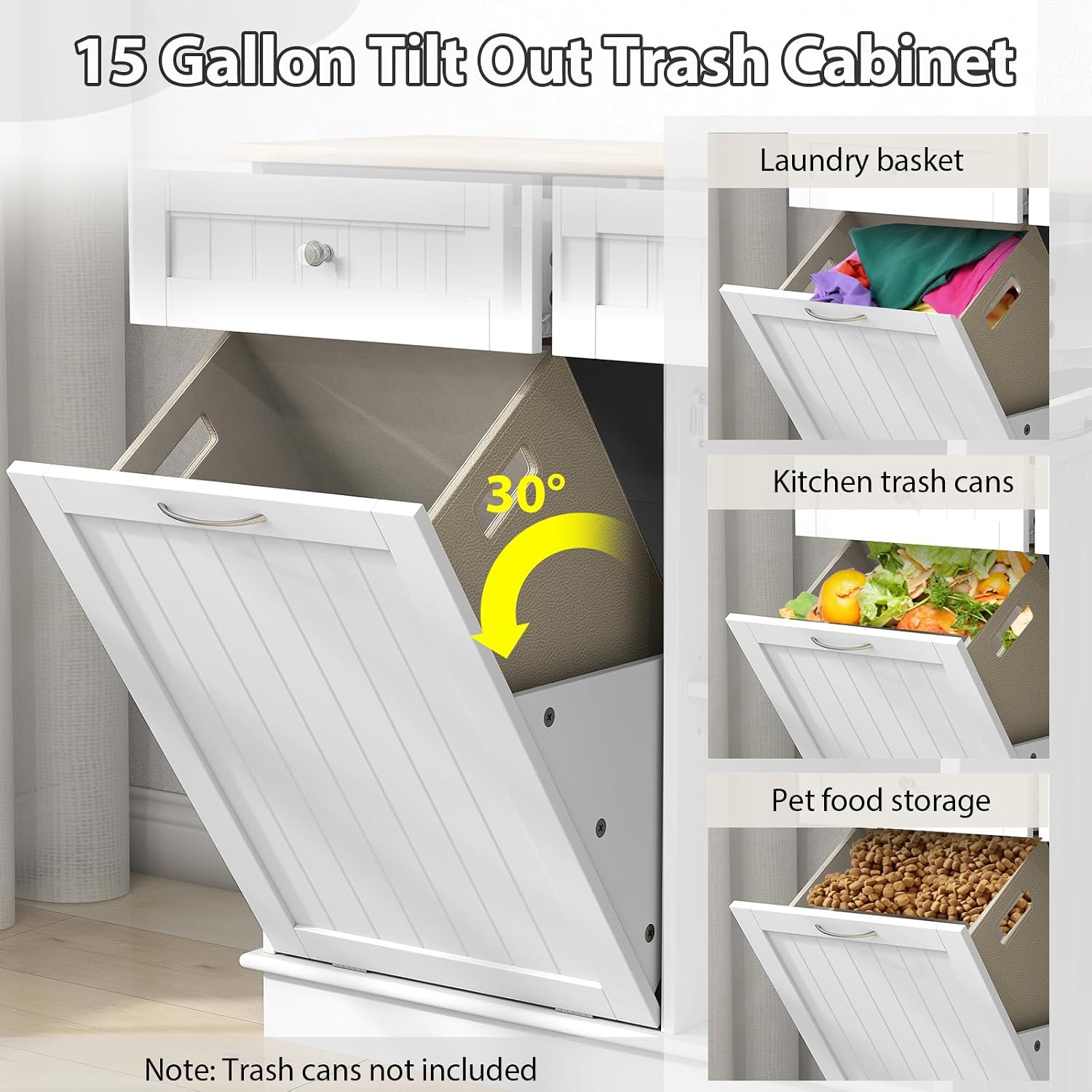 POWERSTONE Hidden Tilt Out Trash Cabinet Kitchen Island with 2 Drawers & Adjustable Shelf, Rubber Wood Countertop, Freestanding Laundry Hamper Recycle Bins, Pet Proof Garbage Can Holder White