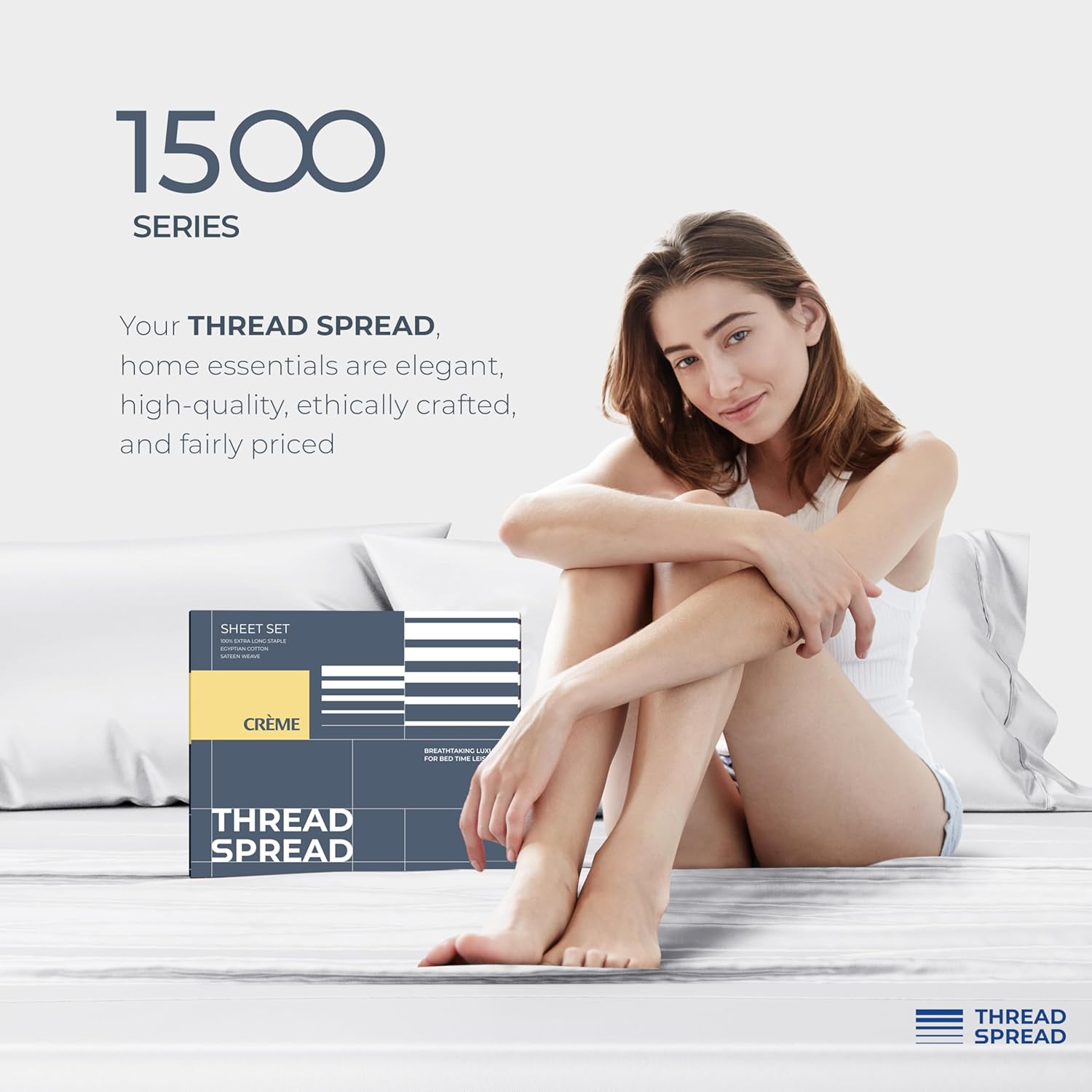 THREAD SPREAD 100% Egyptian Cotton Split King Sheets Sets for Adjustable Bed - 1500 Series Split Top King Sheets (5 PC, White), Silky Soft, Sateen Weave, Cooling & Breathable, 17' Deep Pocket Bed Set