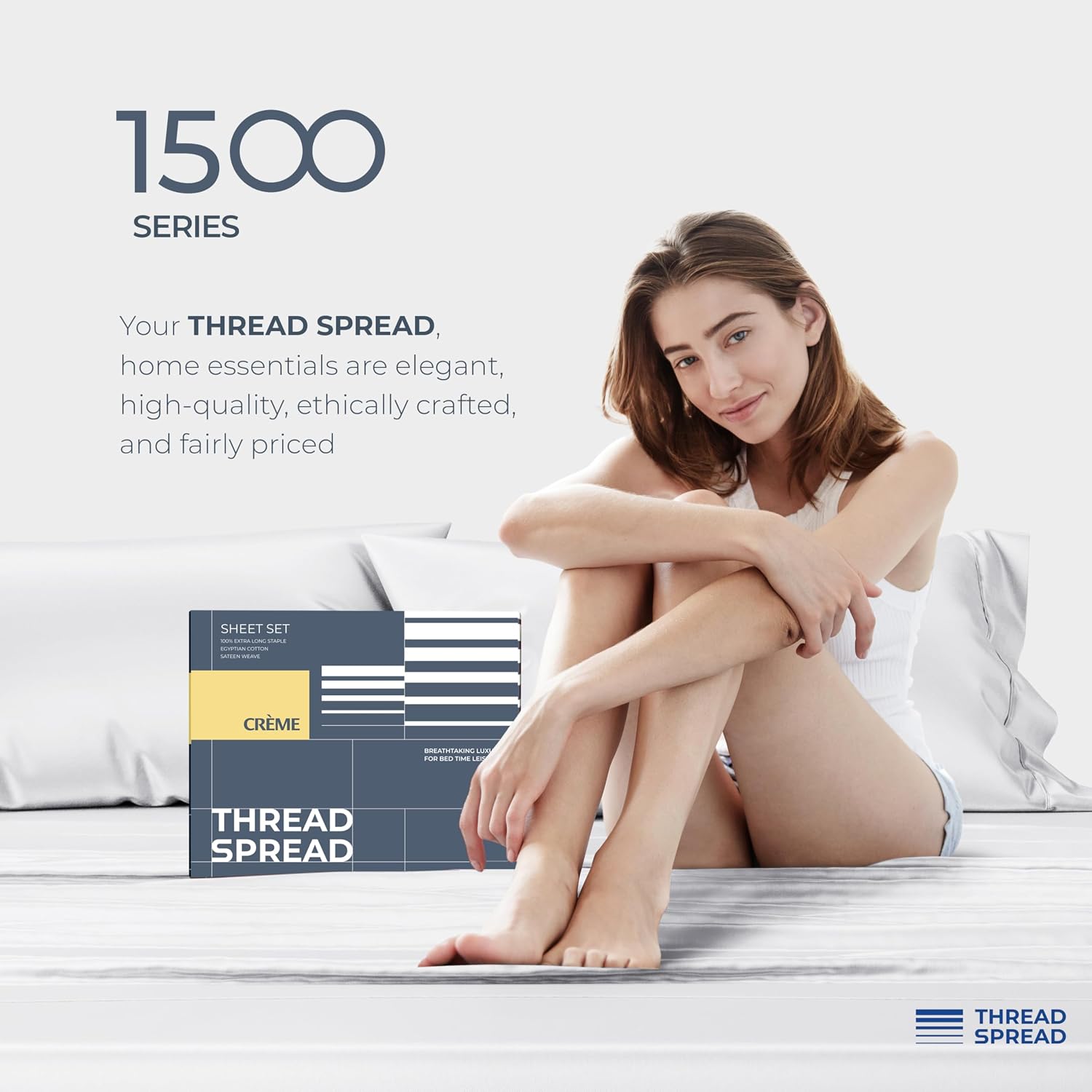 THREAD SPREAD 100% Egyptian Cotton Sheets Queen Size - Luxury 1500 Series Queen Sheet Set Egyptian Cotton (Pack of 2, White), Silky Soft, Sateen Weave, Cooling & Breathable, 17' Deep Pocket Bed Set