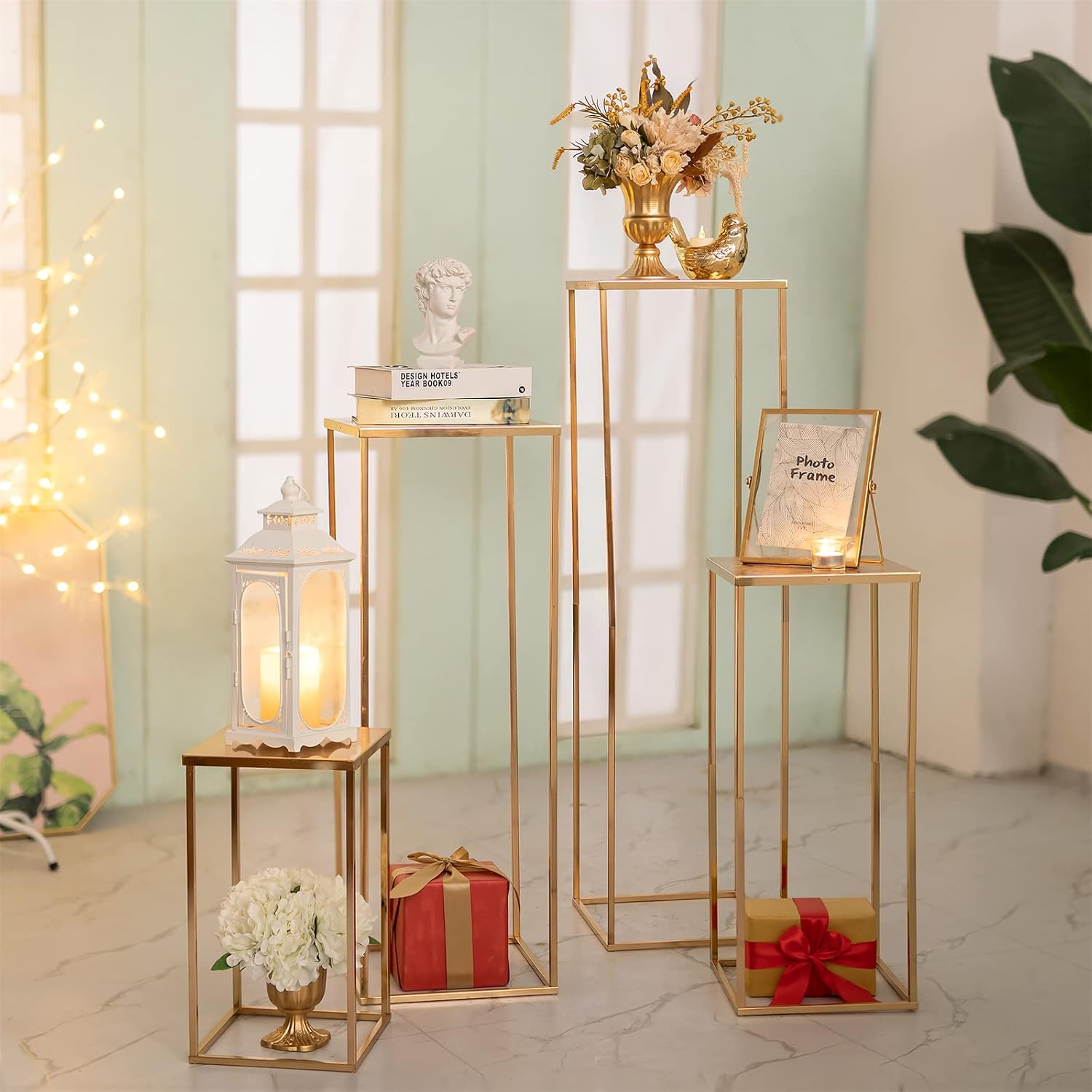 Sziqiqi Wedding Centerpieces Vase for Tables with Plates - 10 Pcs Metal Column Geometric Flower Stand 15.7in Gold Flower Display Rack Decorations for T-Stage Reception Party Fiesta Event Home