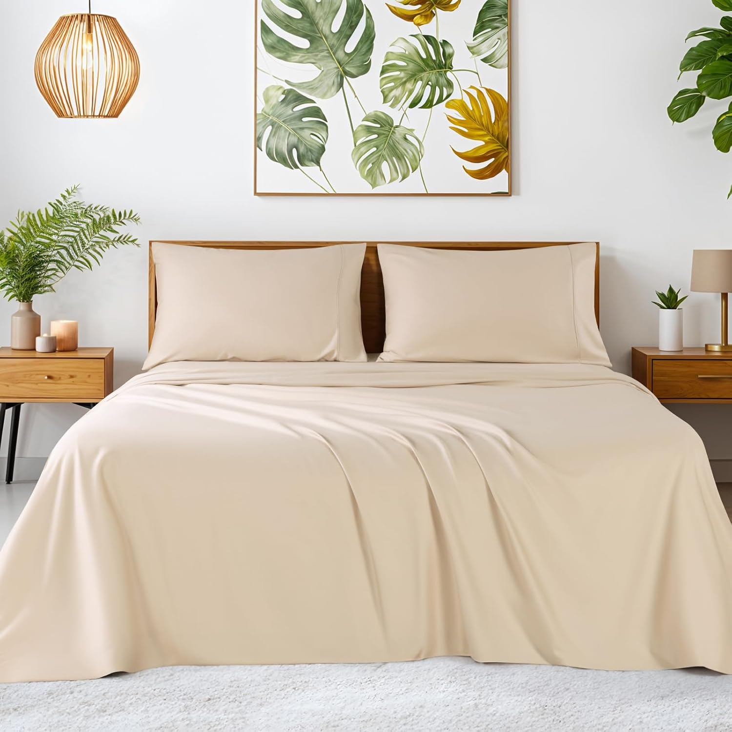 SONORO KATE 100% Egyptian Cotton Sheets - 1200 Thread Count, Luxury & Cooling Hotel Cotton Bed Sheets Set 4 Piece, Sateen Weave for Soft Feel, Fits Upto 16' Mattress (Beige, King)