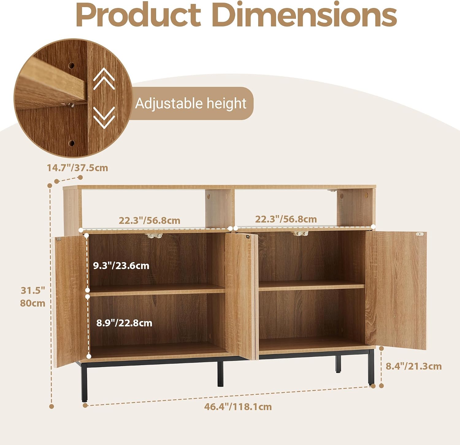 46 inch Sideboard Buffet Cabinet with Open Storage Shelf, Modern Fluted Credenza with 4 Doors and Adjustable Shelf, Large Coffee Bar Storage for Kitchen, Entryway