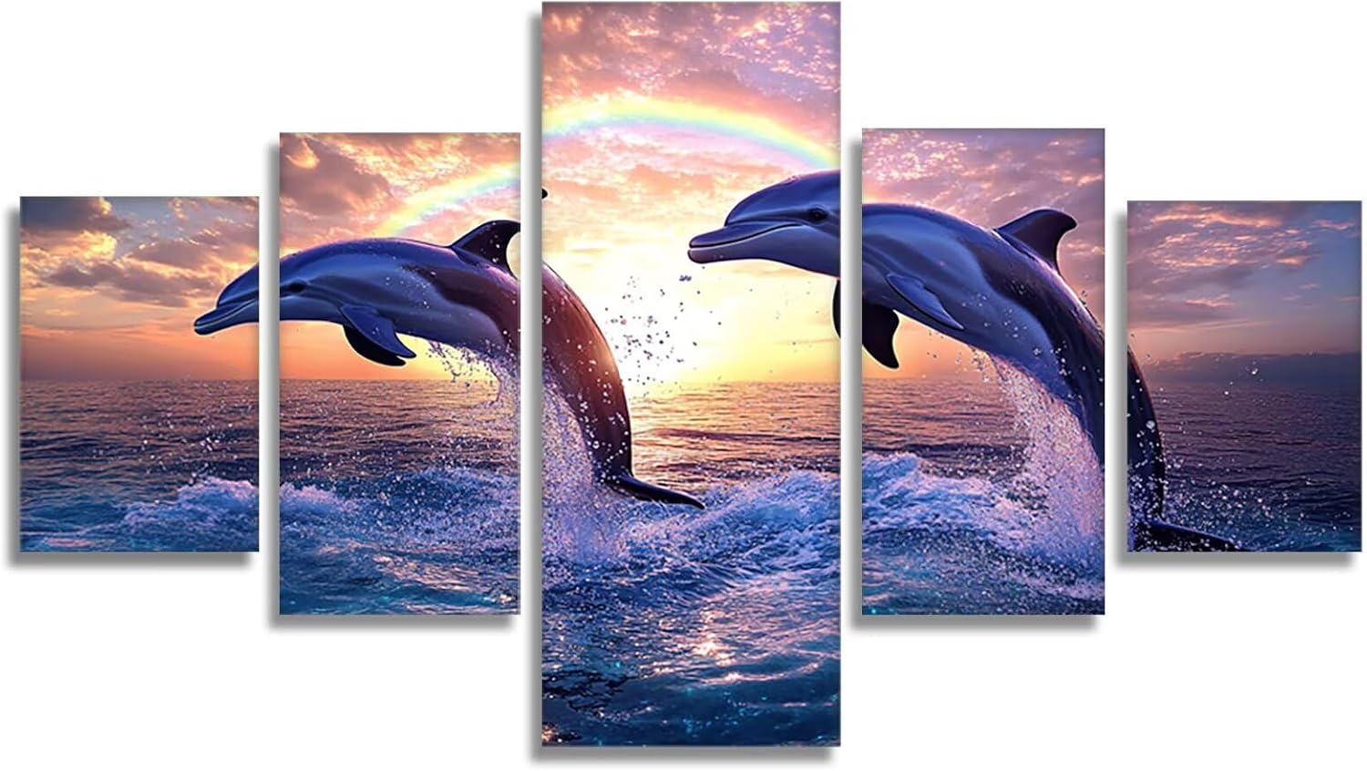 Rainbow Diamond Art 5 Piece Diamond Painting Dolphin 5D DIY Full Square Drill Dimond Art Paintings Crystal Crafts for Adults Gem Painting for Home Decor, Large Artwork for Wall 60 x 120 Inch, Model306
