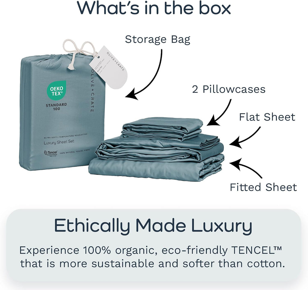 Olive + Crate Tencel Lyocell Eucalyptus Queen Size Sheet Set - Cooling Tencel Sheets for Hot Sleepers with 18 Inch Deep Pocket Fit - Basalt Blue 4-Piece Set