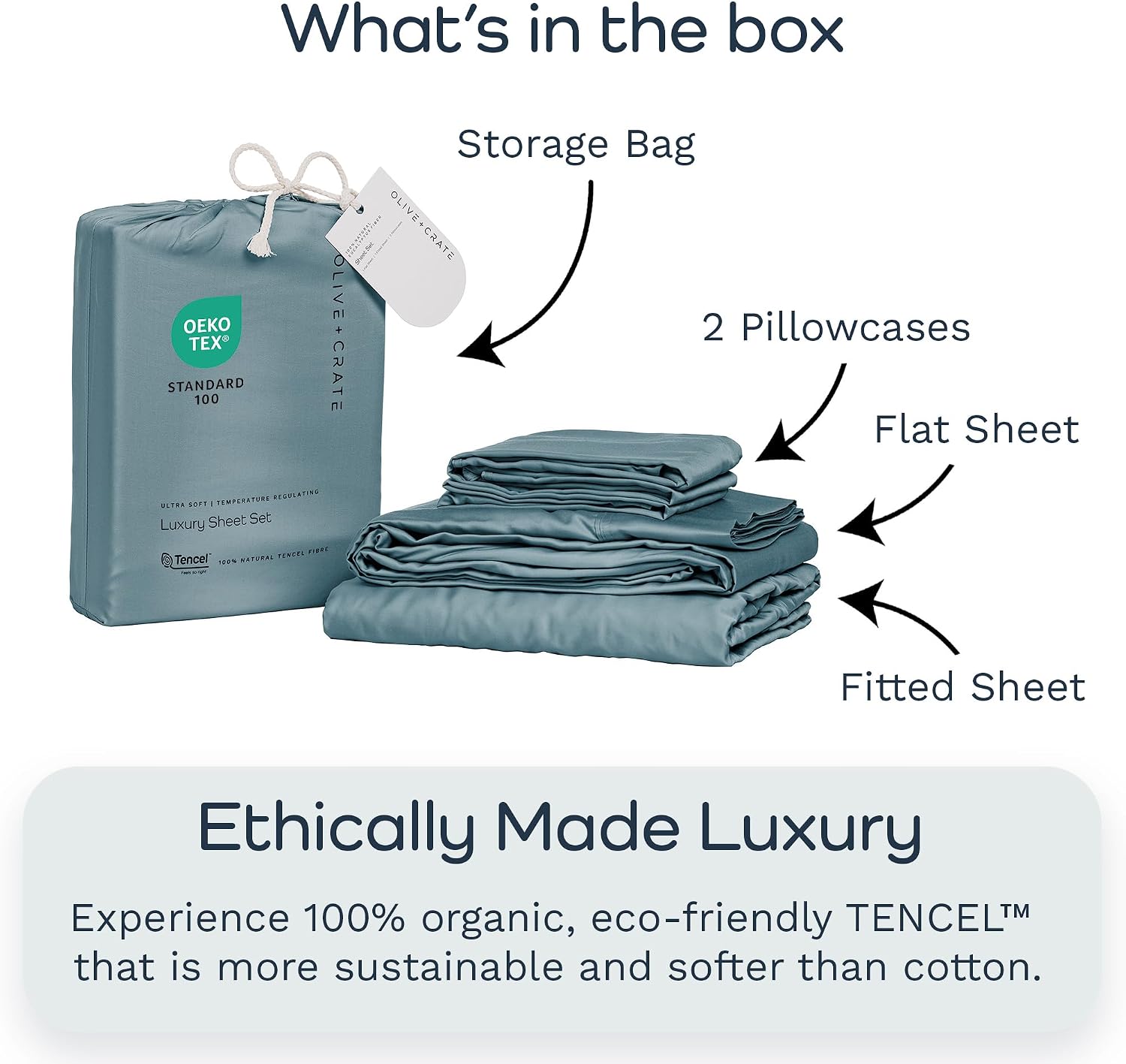 Olive + Crate Tencel Lyocell Eucalyptus Queen Size Sheet Set - Cooling Tencel Sheets for Hot Sleepers with 18 Inch Deep Pocket Fit - Basalt Blue 4-Piece Set