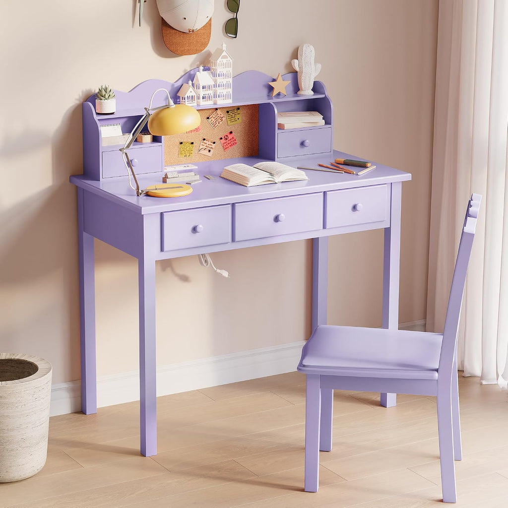 FUNKOCO Home Office Furniture Writing Desk, 36 Inch Computer Work Station with Detachable Hutch for Small Place, 5 Drawers(Purple)