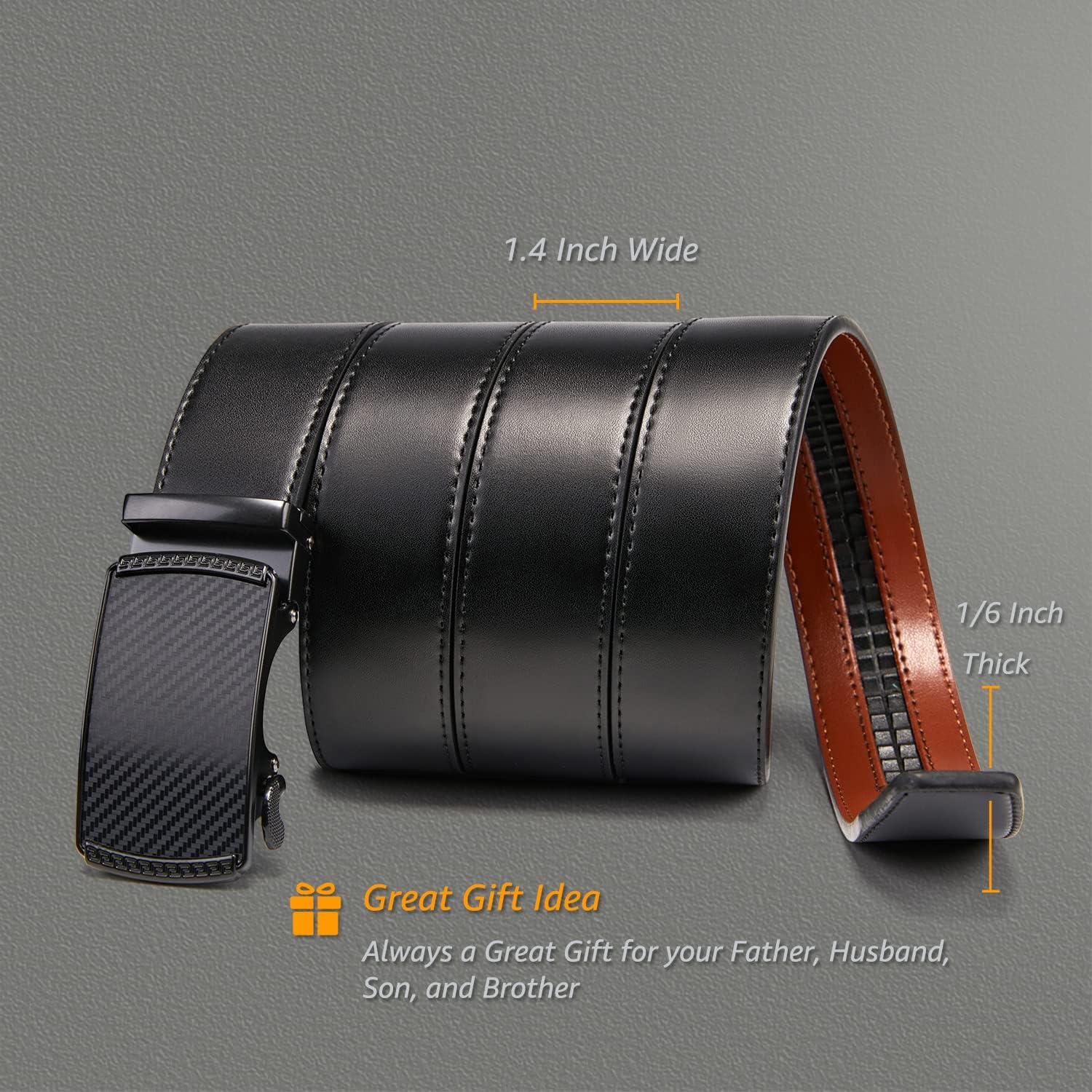Ratchet Belt for Men, Genuine Leather Adjustable Click Dress Belt with Slide Buckle, Trim to Fit, Gift Box Included