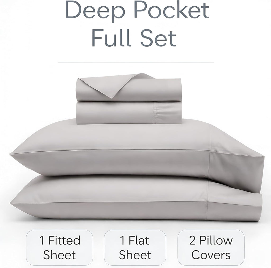 100% Egyptian Cotton Sheets Full Size - Buttery Soft Sateen Weave - Heavyweight Luxury Hotel Bedding - 16' Deep Pocket, Lustrous 4 Pc Set - Premium Gift Box (Light Grey - Full)
