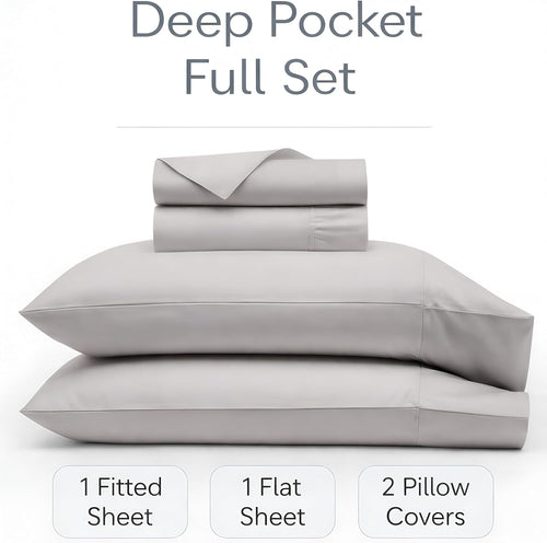 100% Egyptian Cotton Sheets Full Size - Buttery Soft Sateen Weave - Heavyweight Luxury Hotel Bedding - 16' Deep Pocket, Lustrous 4 Pc Set - Premium Gift Box (Light Grey - Full)
