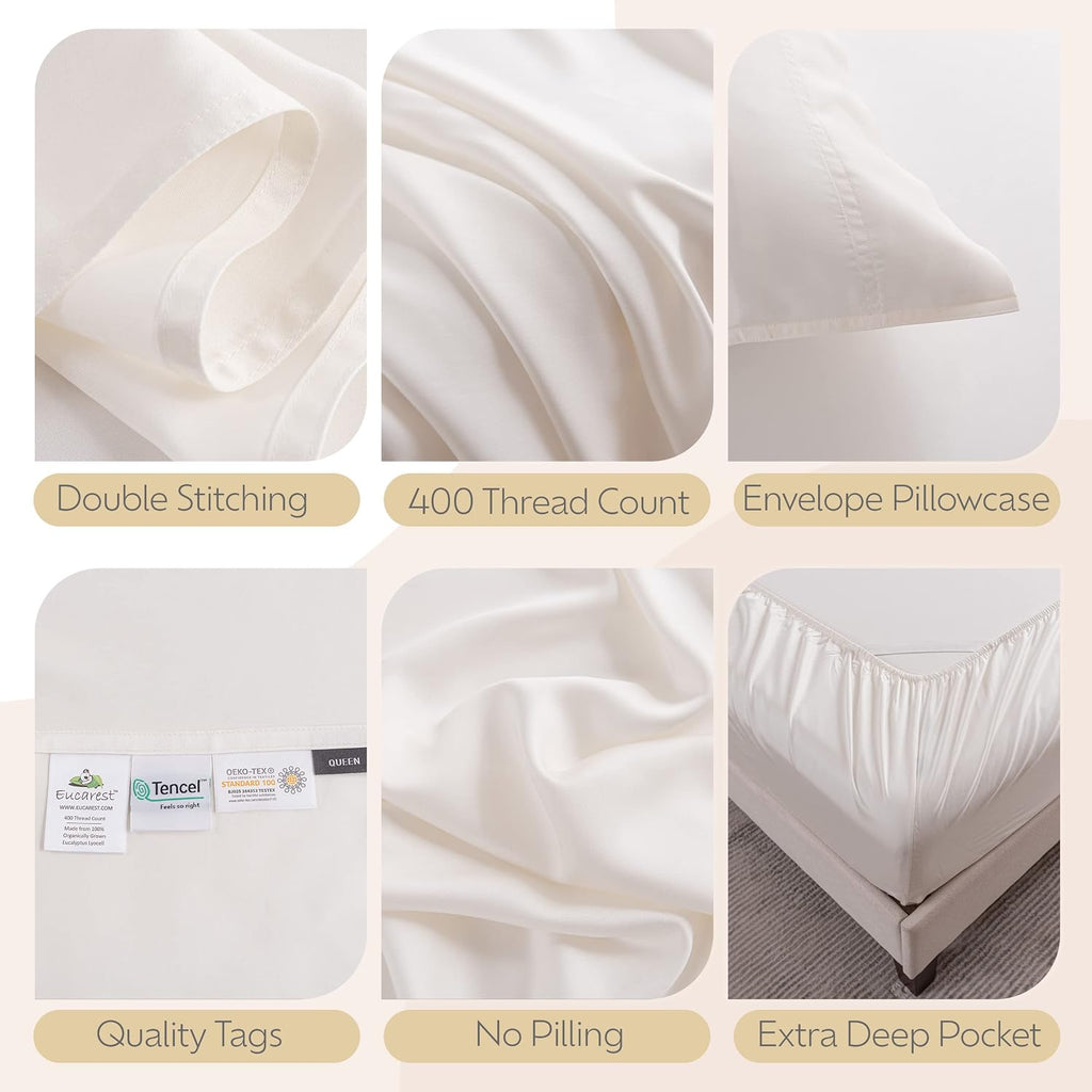Split-King Eucalyptus Lyocell Bed Sheets, Hypoallergenic 100% Organic Tencel, Thermal Regulating and Moisture Wicking for Hot Sleepers, Superior Thread Quality, Extra Deep Pockets - Ivory