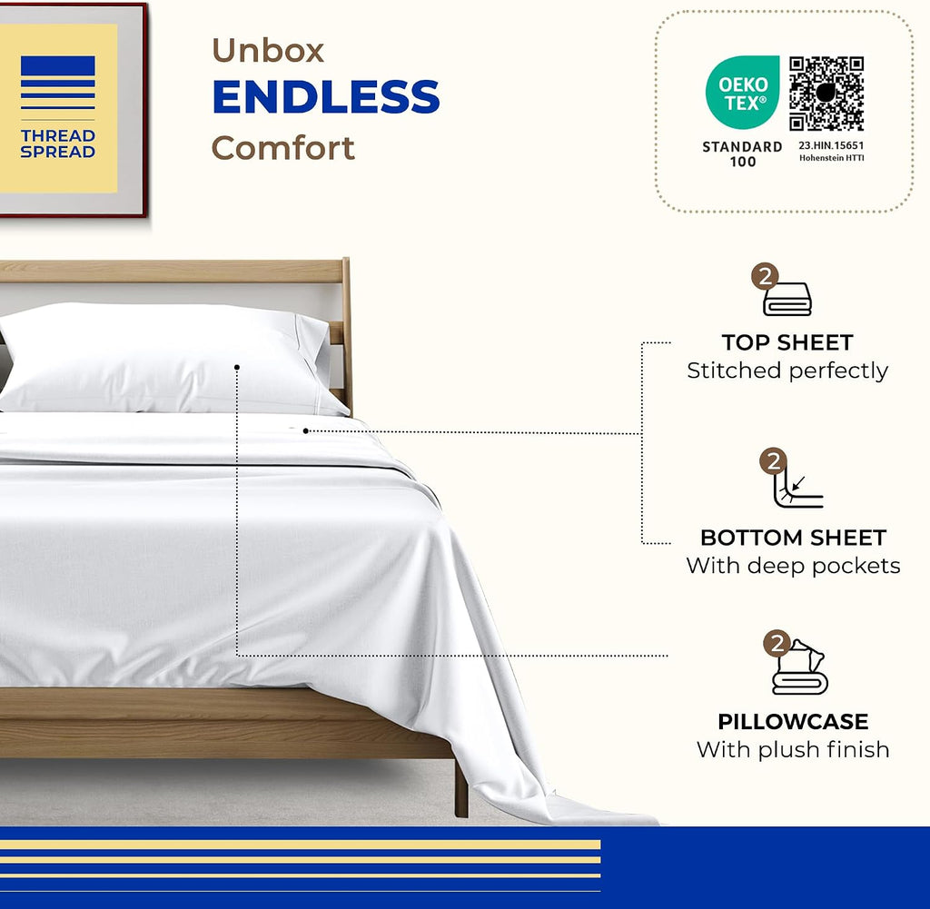 THREAD SPREAD Twin XL Size Bed Sheets Set, Luxury 1000 Series 100% Egyptian Cotton Sheets Twin XL Size (Pack of 2, White), Silky Soft, Cooling, Sateen Weave, 16' Deep Pocket Hotel Quality Sheet Set