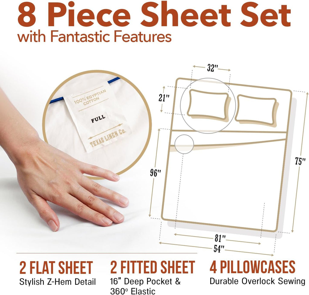 TEXAS LINEN CO. 100% Egyptian Cotton Full Sheet Set Pack of 2 - Luxury Texan Talkin' Collection 600 Series Egyptian Cotton Sheets Full Size (8 PC, White), Cooling, 16' Deep Pocket Hotel Bed Sheet Set