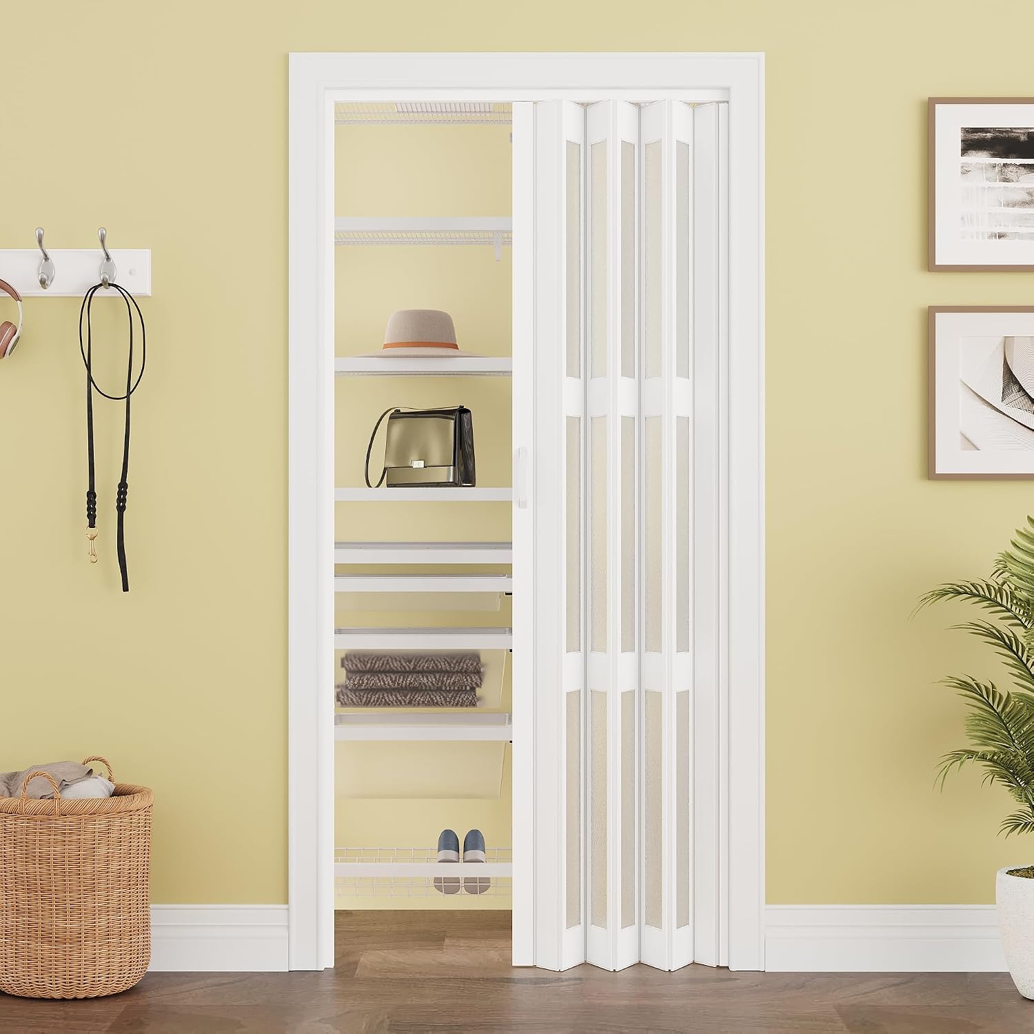 WINSTELLAR 36' x 80' Enhanced Accordion Doors with 3 Frosted Acrylic Panels, Bifold Closet Door Hardware Kit Included, PVC Interior Folding Doors with 2 Handles for Closet Bathroom Doorways