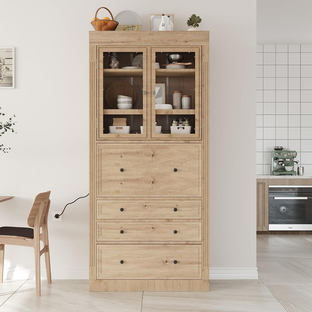 78 inch Tall Kitchen Pantry Cabinet with 3 Drawers and Adjustable Shelves, Wood Storage Cabinet with Drop-Down Surface and Glass Doors for Dining Room and Living Room (Natural//3)