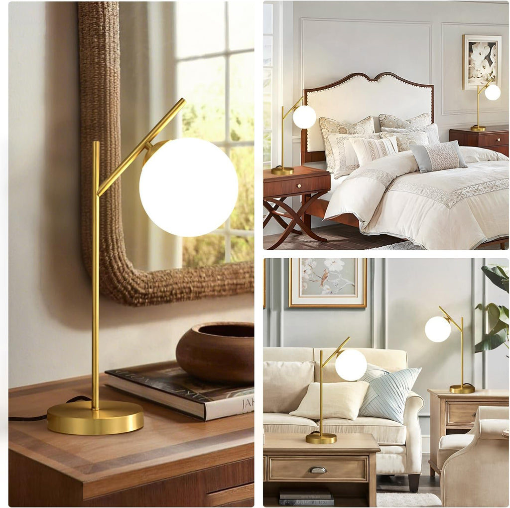Globe Table Lamp Set of 2, Brass Glass Globe Desk Lamp with Milky White Glass Shade, Contemporary Metal Bedside lamp for Bedroom Living Room Study Room