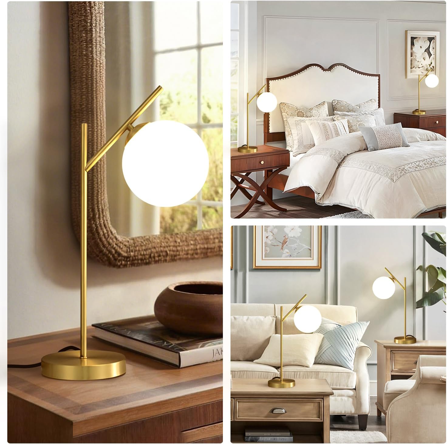 Globe Table Lamp Set of 2, Brass Glass Globe Desk Lamp with Milky White Glass Shade, Contemporary Metal Bedside lamp for Bedroom Living Room Study Room