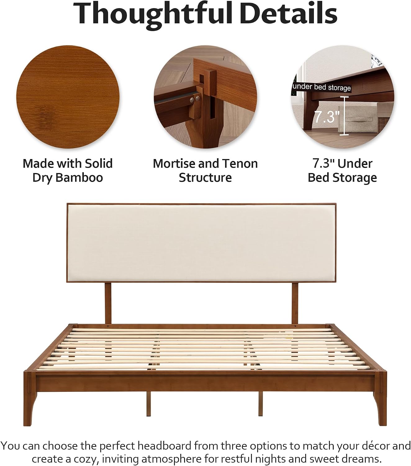 Merax King Size Bamboo Platform Bed, Mid-Century Modern Bed Frame with Upholstered Adjustable Headboard, Wood Slat Support, No Box Spring Needed, Easy Tool-Free Assembly, Brown+Beige