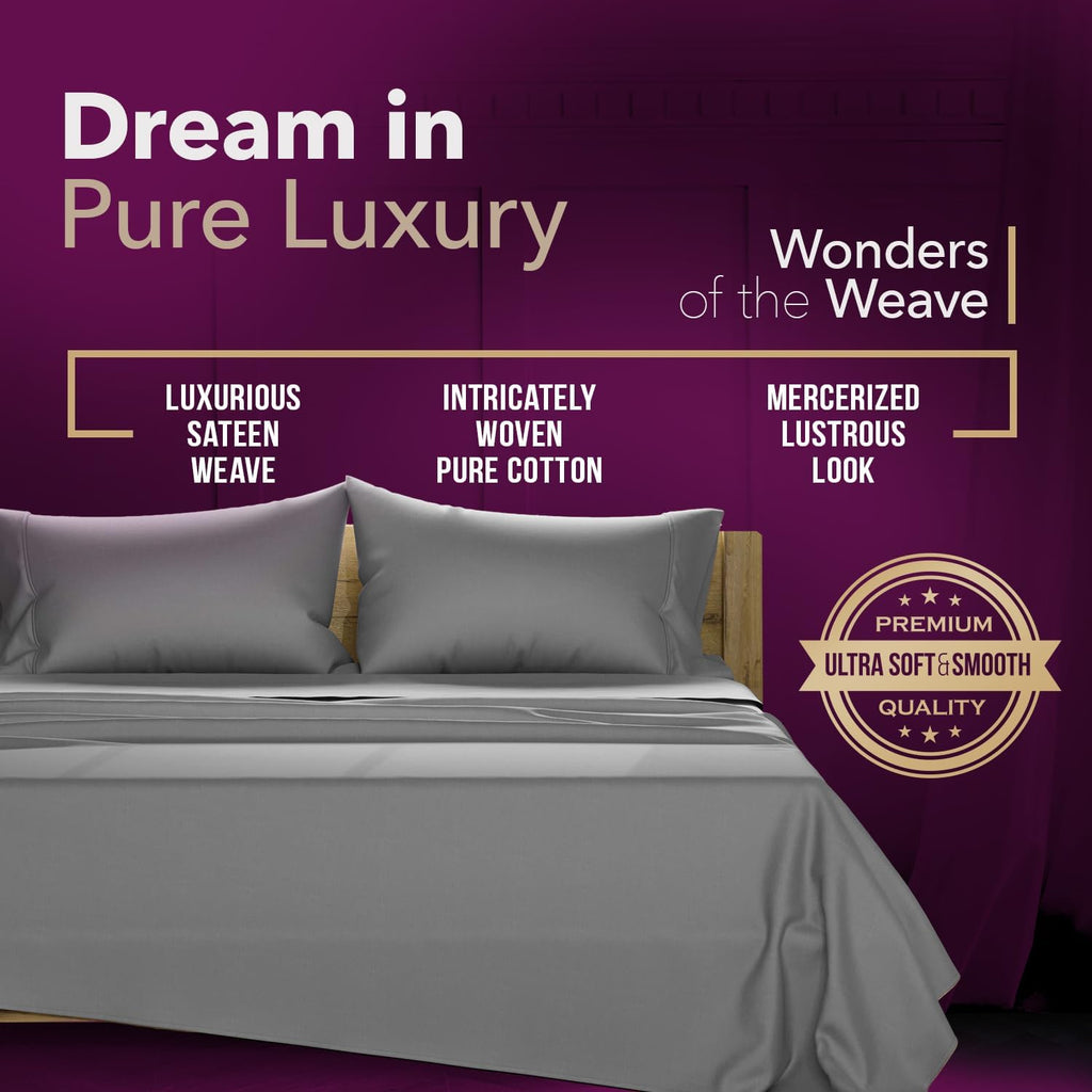 TEXAS LINEN CO. 100% Egyptian Cotton Queen Sheets Set - Luxury 1200 Series Star Sleepin' Collection Egyptian Cotton Sheets Queen Size (4 PC, Dark Grey), 17' Deep Pocket, Sateen Hotel Bedding Set