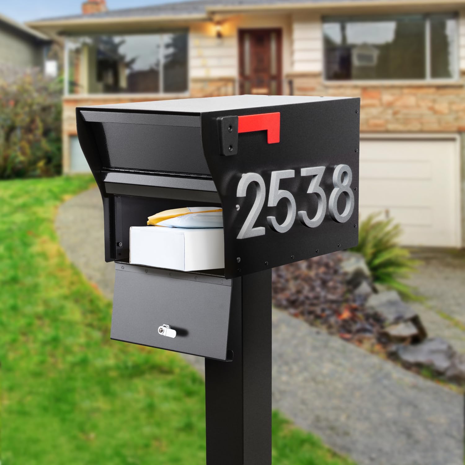 Whitehall MailVault Streetside Locking Mailbox with Post, Personalize with Modern Stand-Off Address Numbers Package – Steel, Secure Weather Resistant Modern Square Mailbox (Black/Silver)