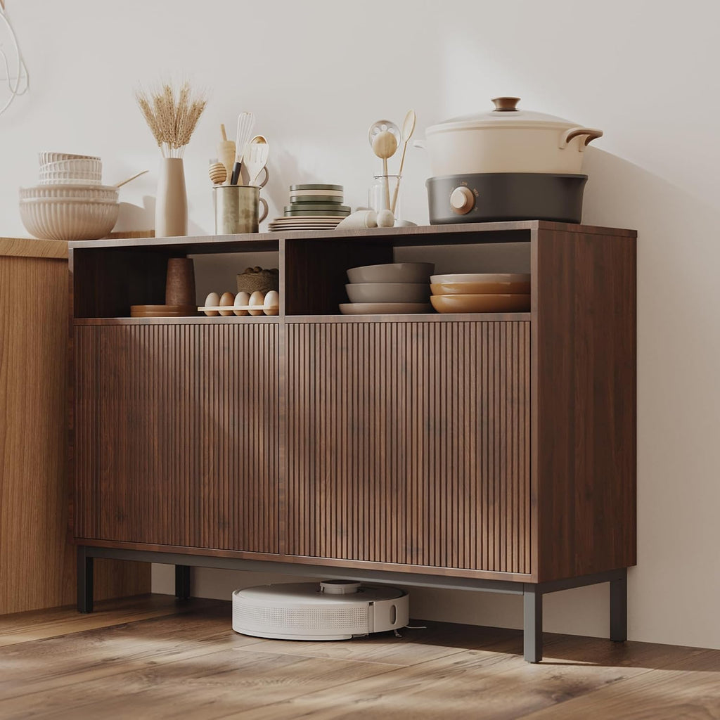 Mericonia Farmhouse Buffet Sideboard Cabinet with Storage, Fluted Coffee Bar with Doors and Adjustable Shelves, Modern Wood Console Cabinet for Kitchen, Livingroom (Fluted 4 Door, Walnut)