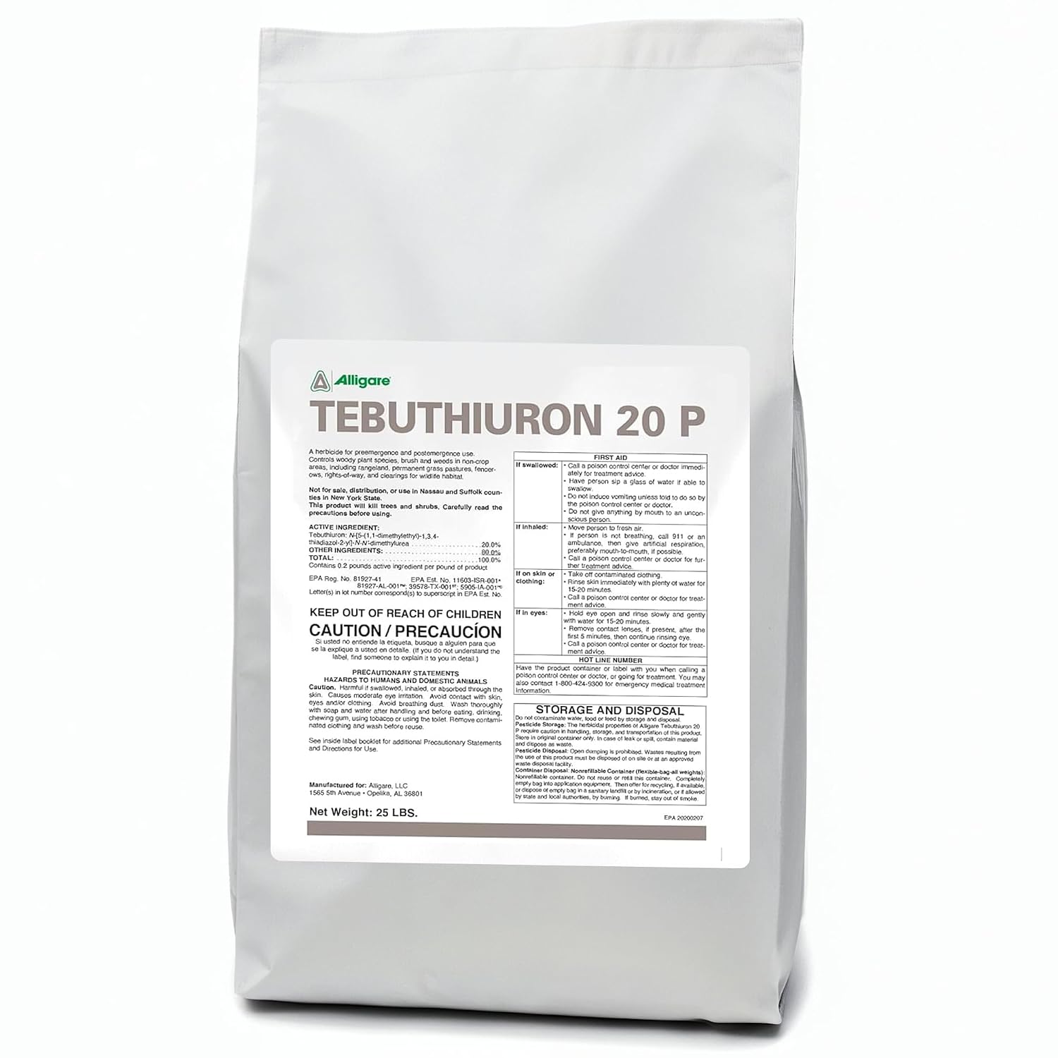 Alligare Tebuthiuron 20P Herbicide Weed Killer for Rangeland, Pastures, and Wildlife Habitats - Pre & Post-Emergence Brush Killer - Long-Lasting, Selective Control of Woody Plants - 25 lb