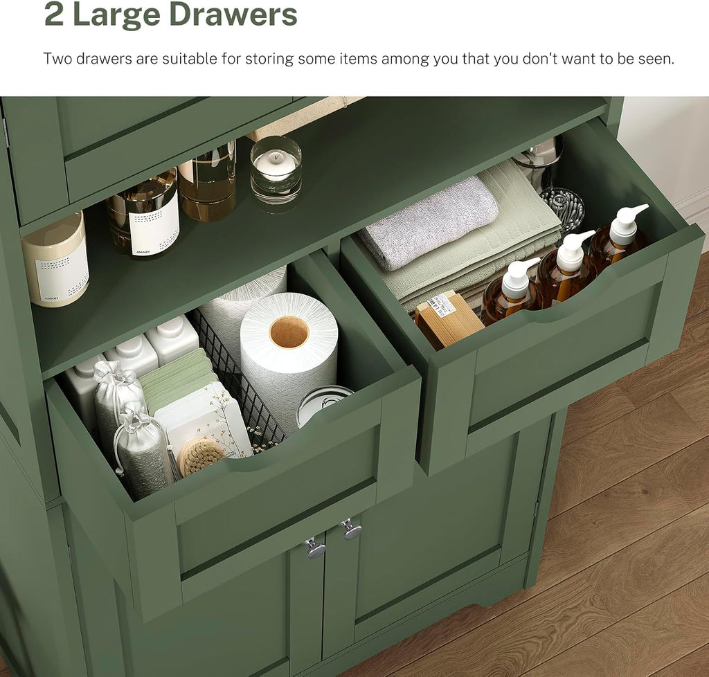 Iwell 58' H Tall Bathroom Storage Cabinet with 2 Drawers & 2 Adjustable Shelves, Bathroom Cabinet with 4 Doors, Tall Cabinet for Living Room, Dining Room, Entryway, Forest Green
