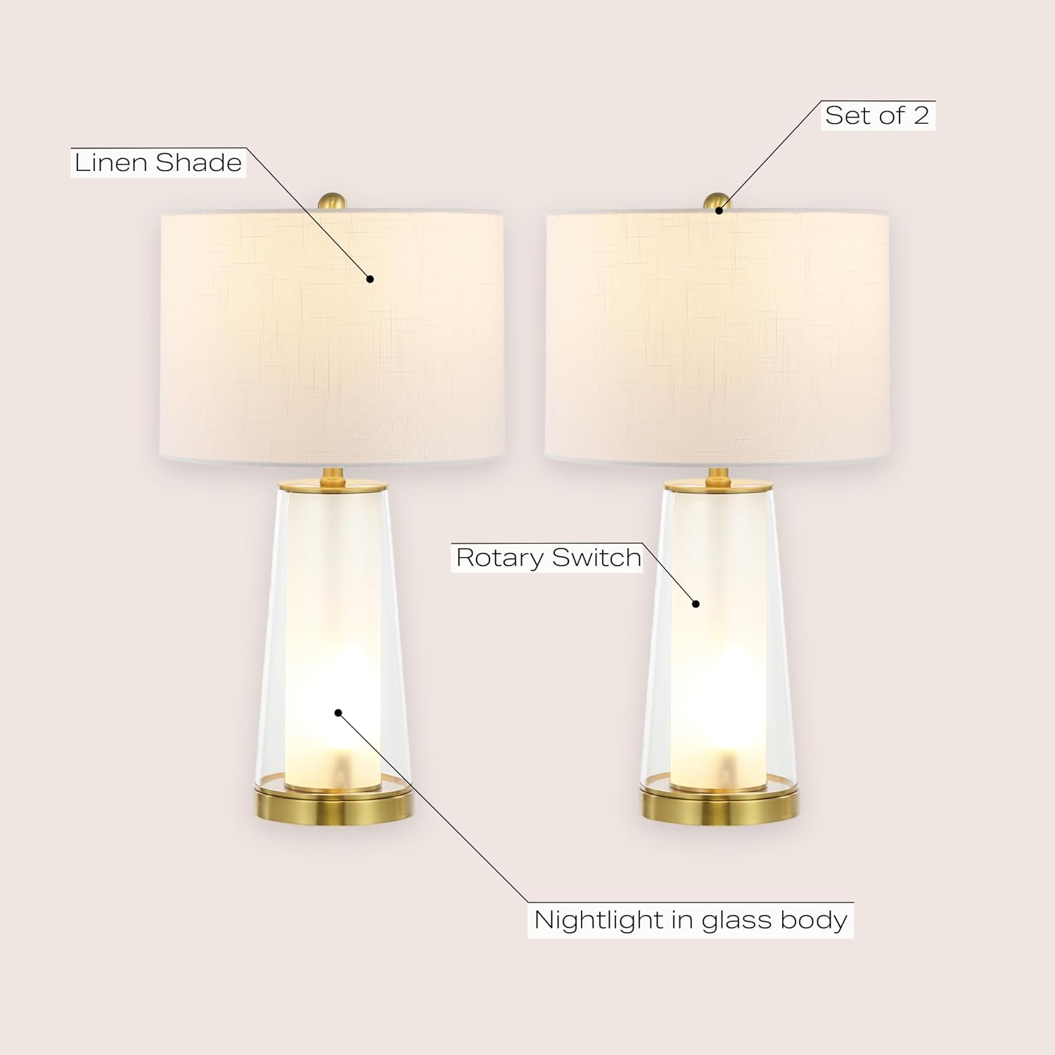 JONATHAN Y 26' Clear/Brass Gold Nightlight Table Lamp Set of 2 for Bedroom, Modern Glass Desk Lamps with White Fabric Shade, Farmhouse Living Room Decor, LED Bulbs Included JYL1137A-SET2