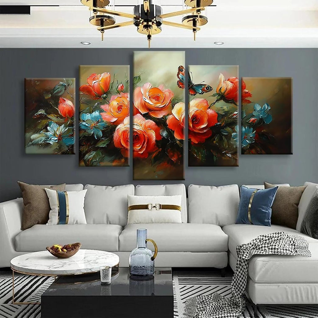 Flower Diamond Art 5 Piece Diamond Painting Butterfly 5D DIY Full Round Drill Dimond Art Paintings Crystal Crafts for Adults Gem Painting for Home Decor, Large Artwork for Wall 60 x 120 Inch, Model357